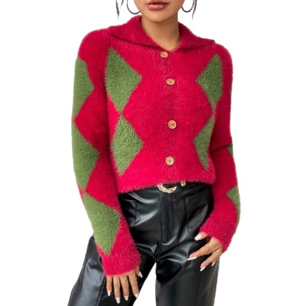 Button Front Fluffy Knit Sweater pattern  red green - Picture 4 of 4